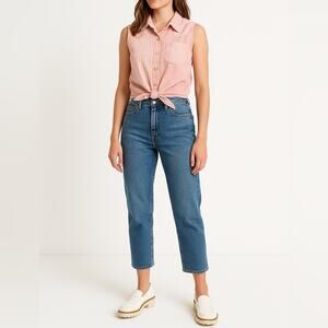 VINTAGE PINK PEARL Sleeveless Patchwork Tie Front Button-Down Shirt | S | Pink